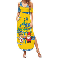 Sweden Christmas Summer Maxi Dress with Santa Lucia Girl Midsummer Pole Swedish Flag and Nordic Pattern Design - Wonder Print Shop