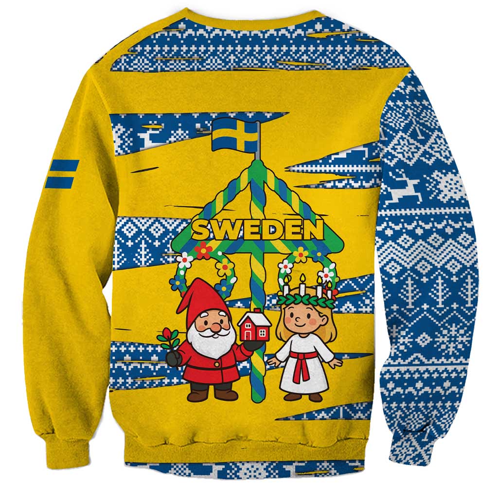Sweden Christmas Sweatshirt with Santa Lucia Girl Midsummer Pole Swedish Flag and Nordic Pattern Design - Wonder Print Shop