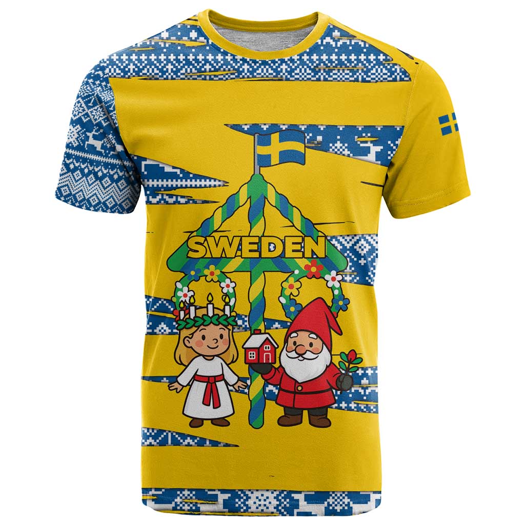 Sweden Christmas T Shirt with Santa Lucia Girl Midsummer Pole Swedish Flag and Nordic Pattern Design - Wonder Print Shop
