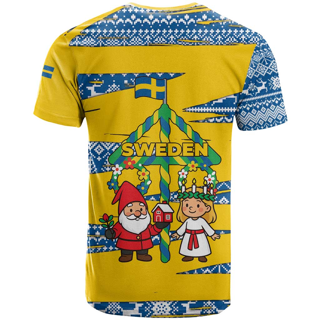 Sweden Christmas T Shirt with Santa Lucia Girl Midsummer Pole Swedish Flag and Nordic Pattern Design - Wonder Print Shop