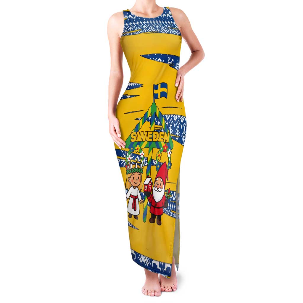 Sweden Christmas Tank Maxi Dress with Santa Lucia Girl Midsummer Pole Swedish Flag and Nordic Pattern Design - Wonder Print Shop