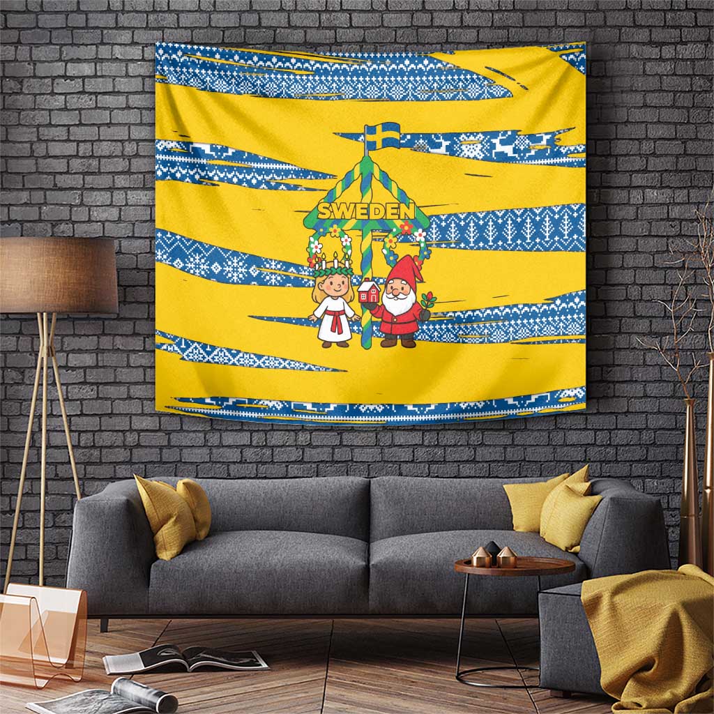 Sweden Christmas Tapestry with Santa Lucia Girl Midsummer Pole Swedish Flag and Nordic Pattern Design - Wonder Print Shop
