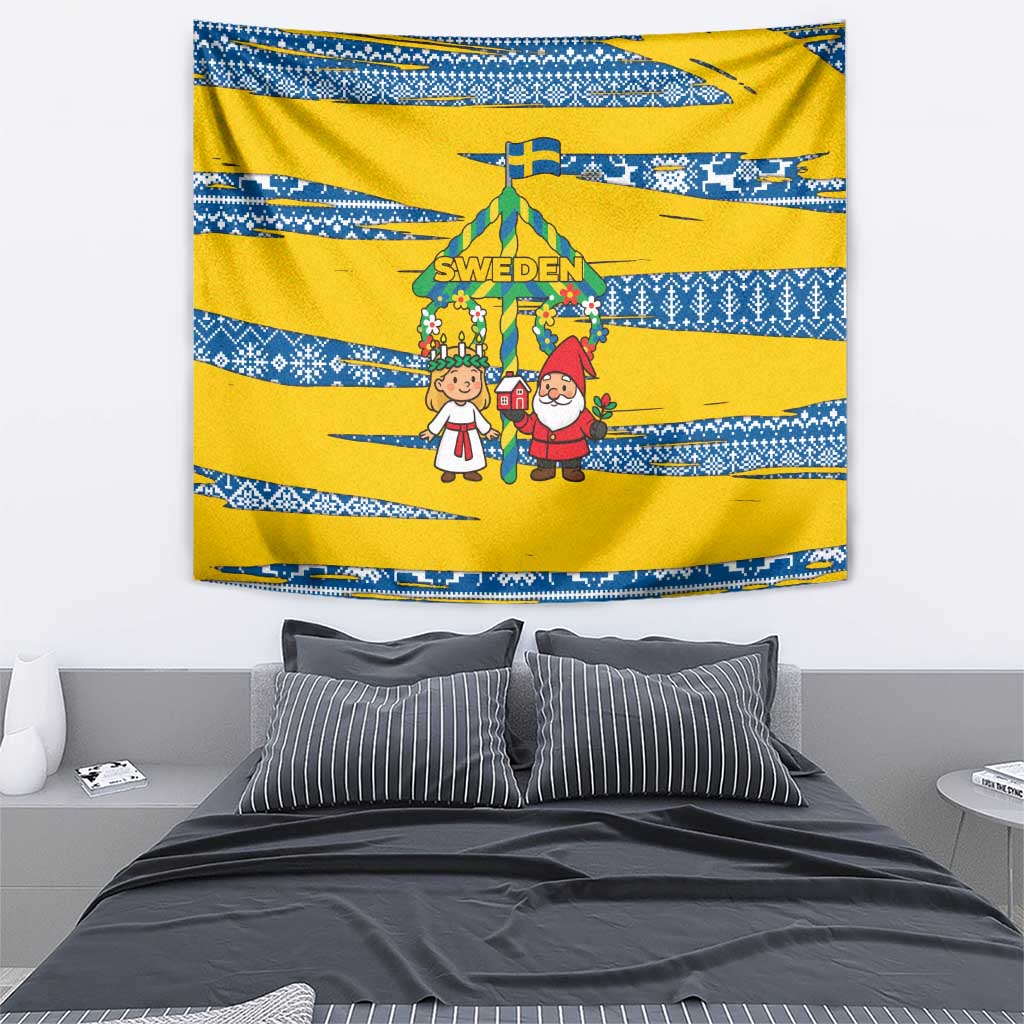 Sweden Christmas Tapestry with Santa Lucia Girl Midsummer Pole Swedish Flag and Nordic Pattern Design - Wonder Print Shop