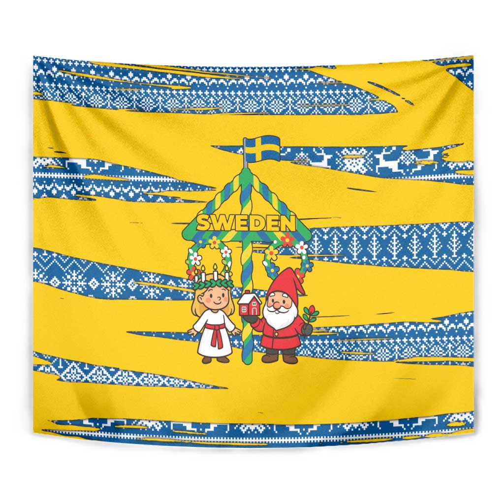 Sweden Christmas Tapestry with Santa Lucia Girl Midsummer Pole Swedish Flag and Nordic Pattern Design - Wonder Print Shop