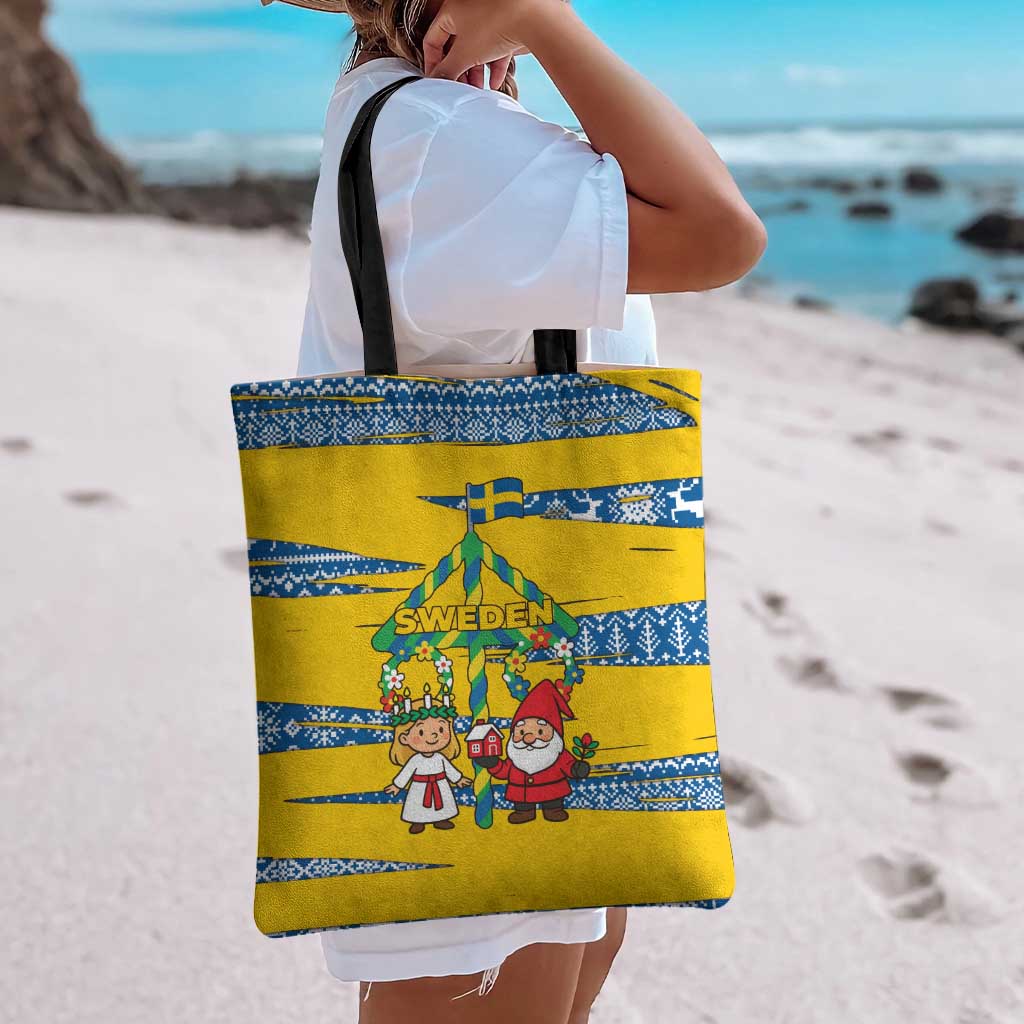 Sweden Christmas Tote Bag with Santa Lucia Girl Midsummer Pole Swedish Flag and Nordic Pattern Design - Wonder Print Shop
