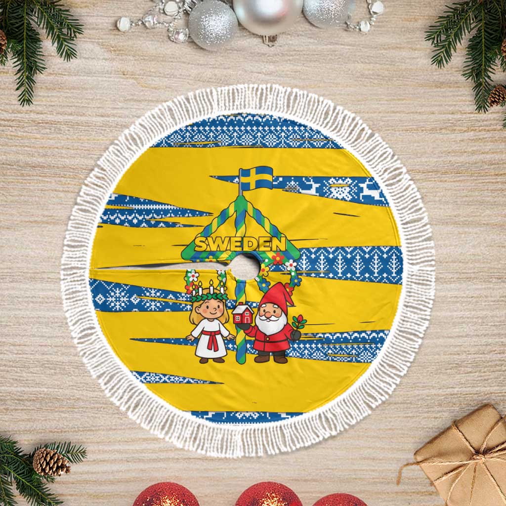 Sweden Christmas Tree Skirt with Santa Lucia Girl Midsummer Pole Swedish Flag and Nordic Pattern Design - Wonder Print Shop