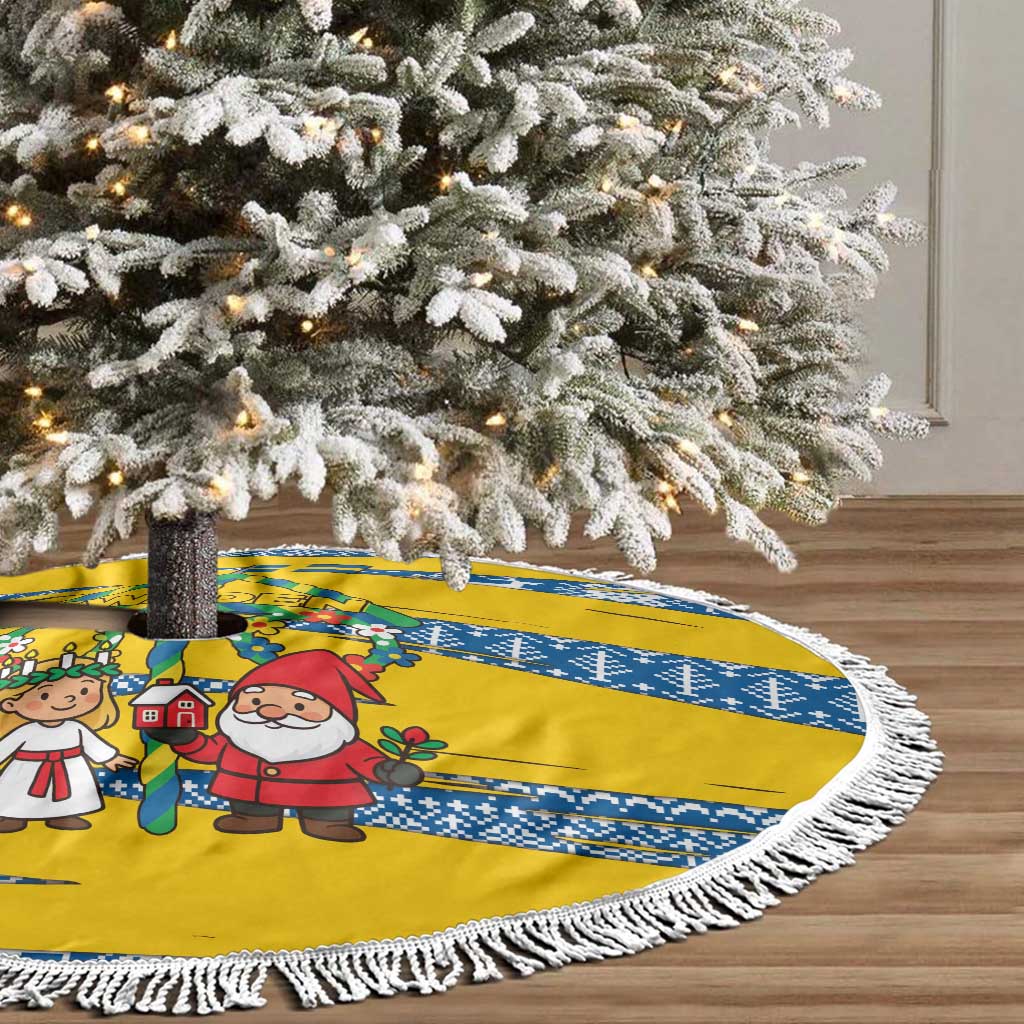 Sweden Christmas Tree Skirt with Santa Lucia Girl Midsummer Pole Swedish Flag and Nordic Pattern Design - Wonder Print Shop