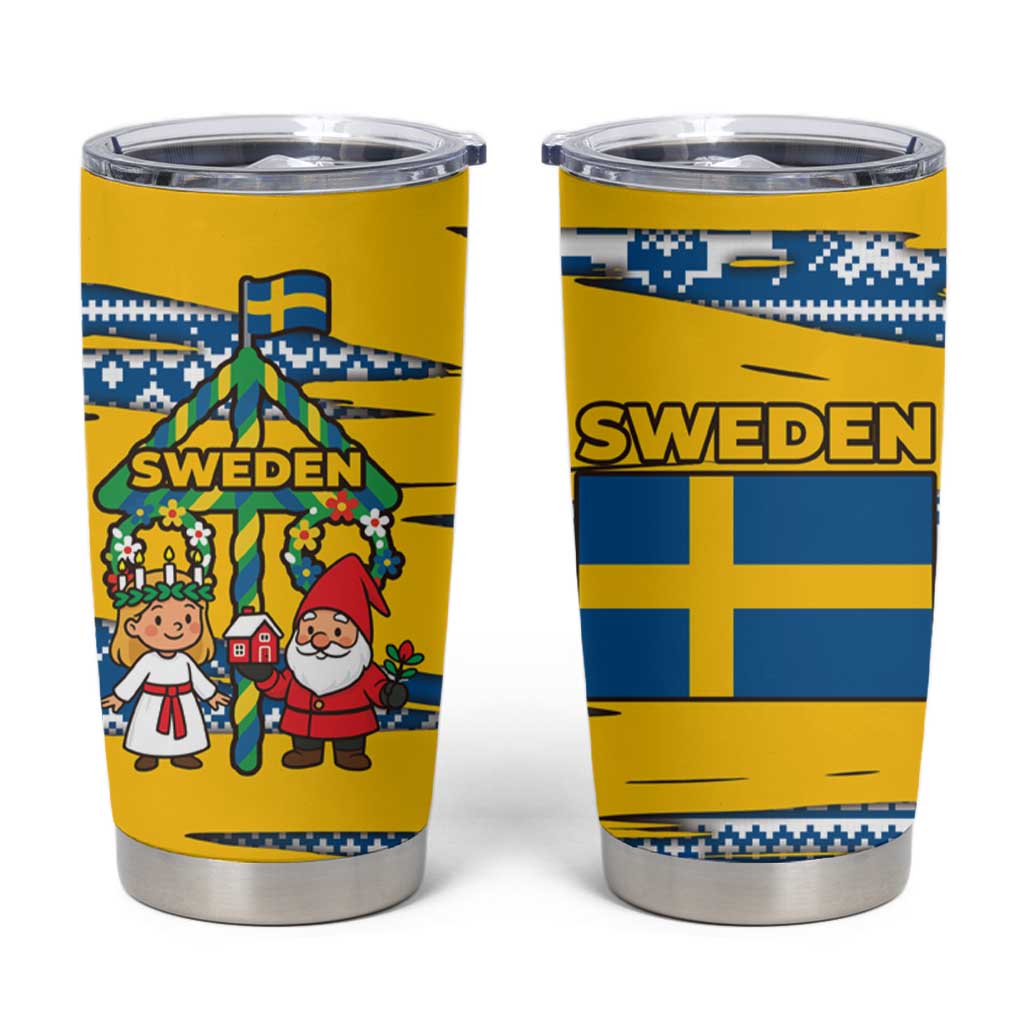 Sweden Christmas Tumbler Cup with Santa Lucia Girl Midsummer Pole Swedish Flag and Nordic Pattern Design - Wonder Print Shop