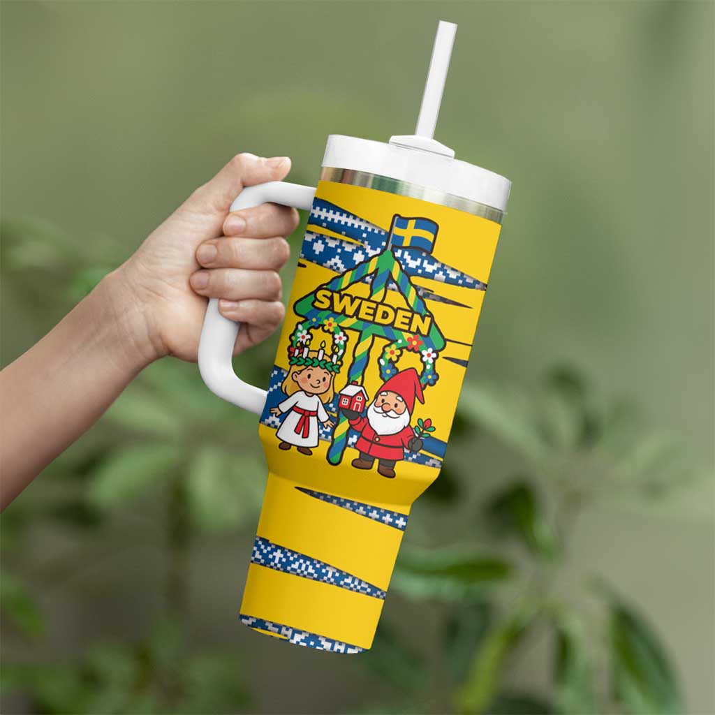 Sweden Christmas Tumbler With Handle with Santa Lucia Girl Midsummer Pole Swedish Flag and Nordic Pattern Design - Wonder Print Shop