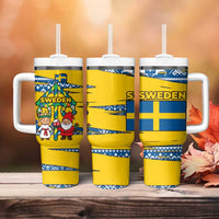 Sweden Christmas Tumbler With Handle with Santa Lucia Girl Midsummer Pole Swedish Flag and Nordic Pattern Design - Wonder Print Shop