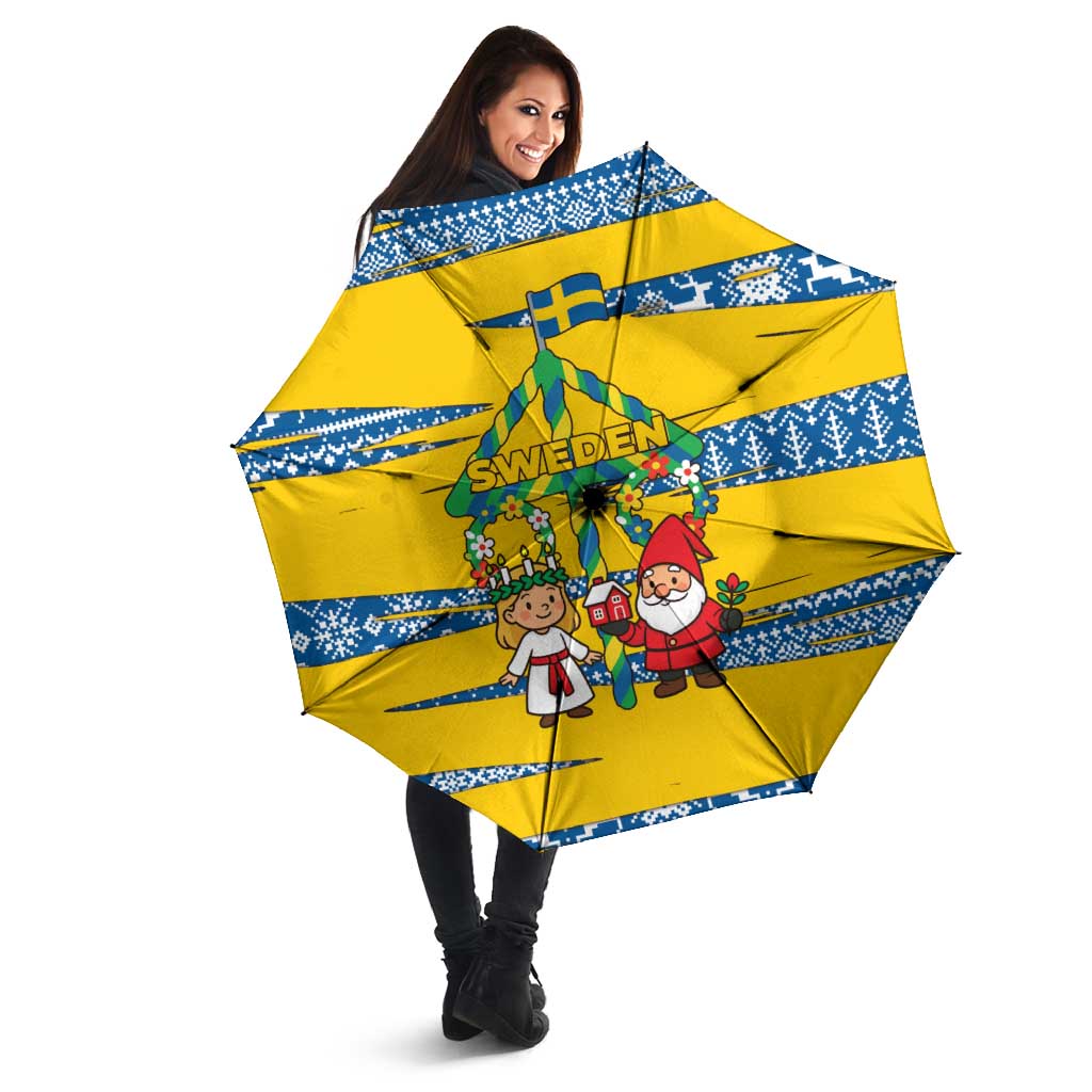 Sweden Christmas Umbrella with Santa Lucia Girl Midsummer Pole Swedish Flag and Nordic Pattern Design - Wonder Print Shop