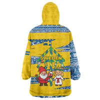Sweden Christmas Wearable Blanket Hoodie with Santa Lucia Girl Midsummer Pole Swedish Flag and Nordic Pattern Design - Wonder Print Shop