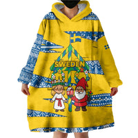 Sweden Christmas Wearable Blanket Hoodie with Santa Lucia Girl Midsummer Pole Swedish Flag and Nordic Pattern Design - Wonder Print Shop