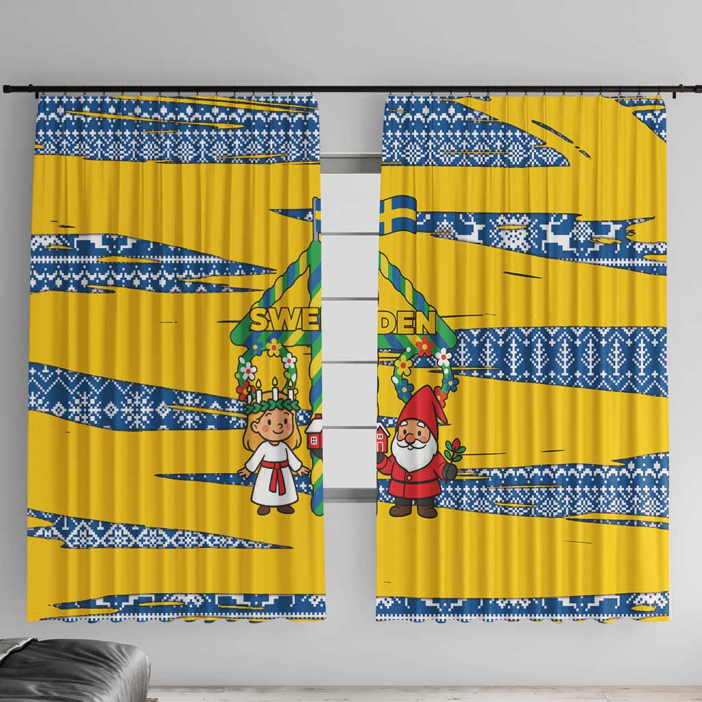 Sweden Christmas Window Curtain with Santa Lucia Girl Midsummer Pole Swedish Flag and Nordic Pattern Design - Wonder Print Shop