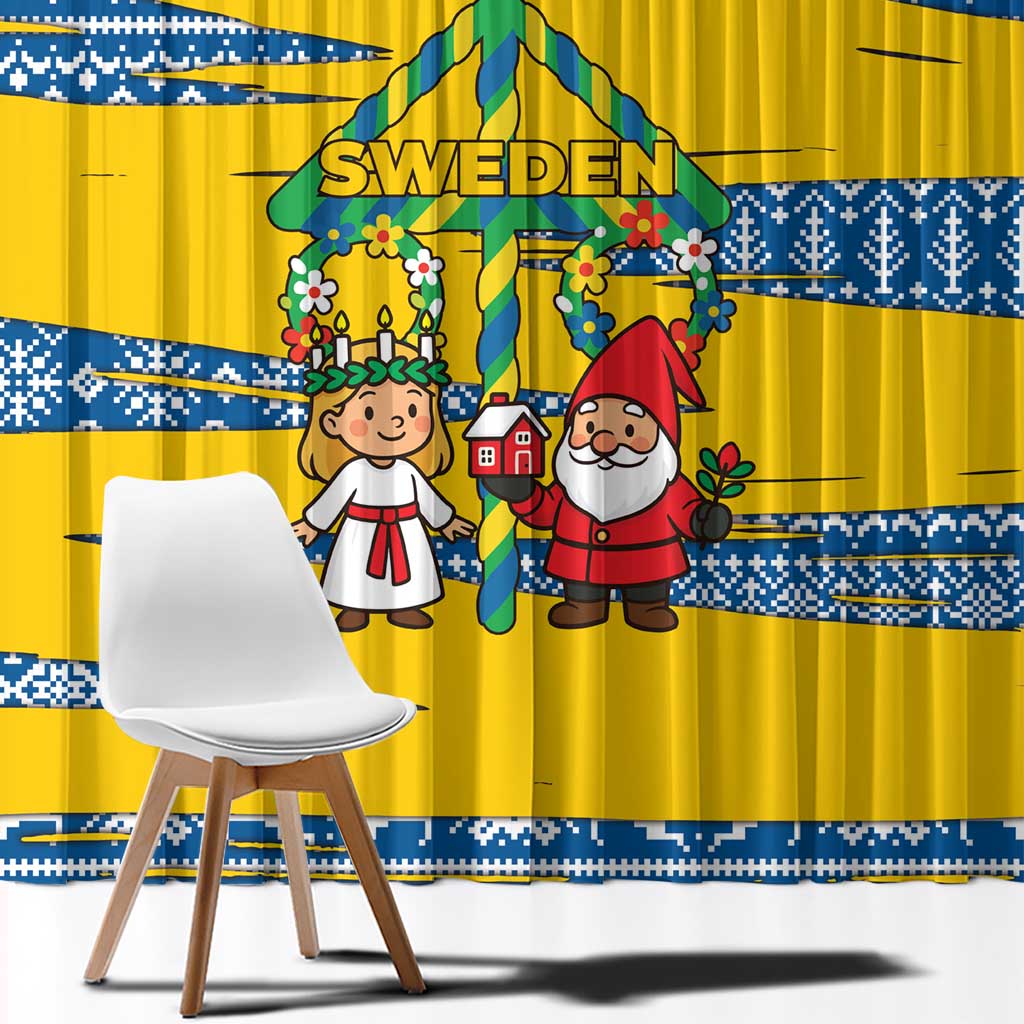 Sweden Christmas Window Curtain with Santa Lucia Girl Midsummer Pole Swedish Flag and Nordic Pattern Design - Wonder Print Shop