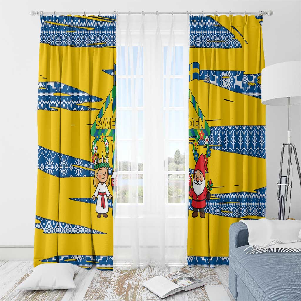 Sweden Christmas Window Curtain with Santa Lucia Girl Midsummer Pole Swedish Flag and Nordic Pattern Design - Wonder Print Shop