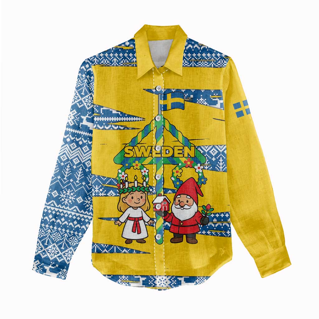 Sweden Christmas Women Casual Shirt with Santa Lucia Girl Midsummer Pole Swedish Flag and Nordic Pattern Design - Wonder Print Shop