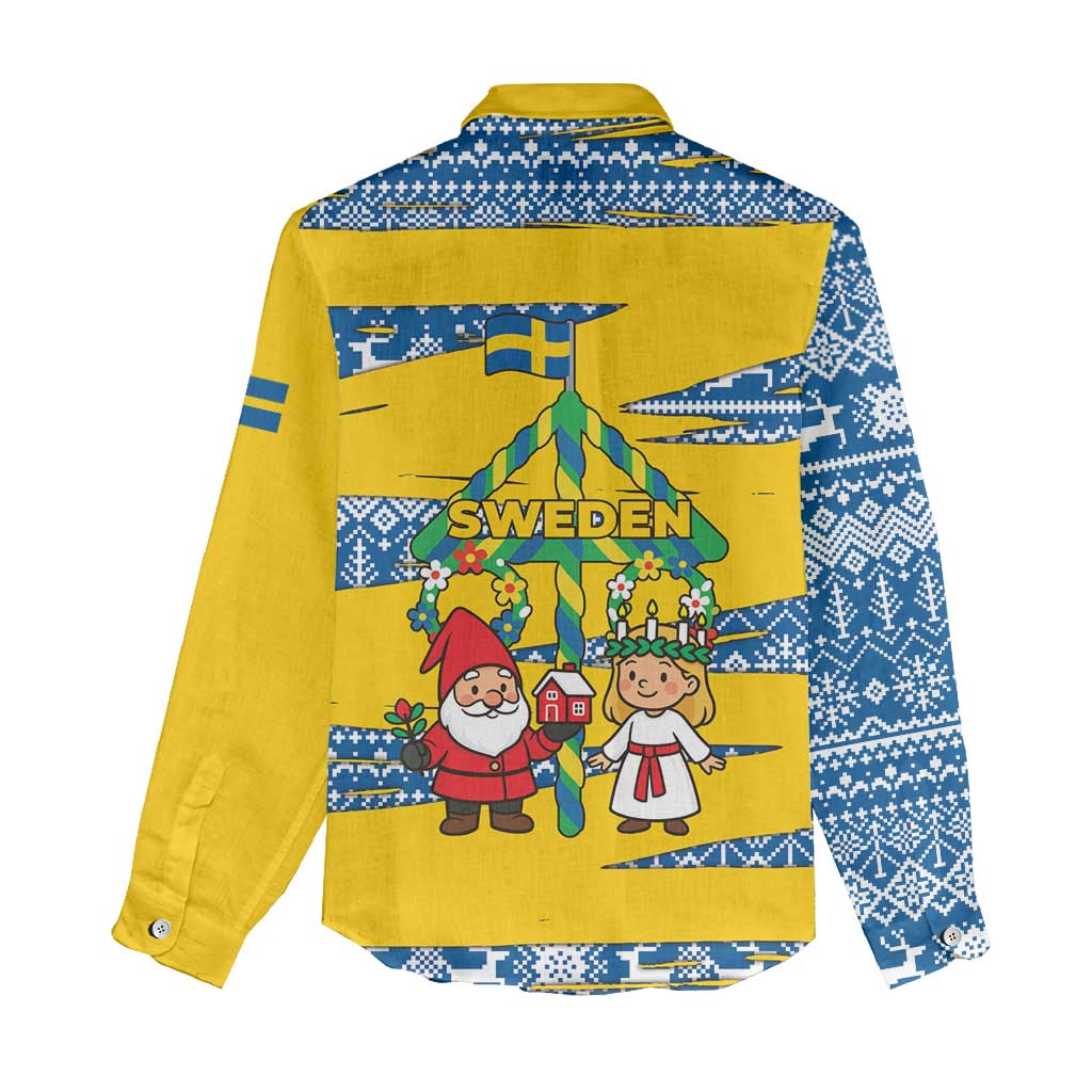 Sweden Christmas Women Casual Shirt with Santa Lucia Girl Midsummer Pole Swedish Flag and Nordic Pattern Design - Wonder Print Shop