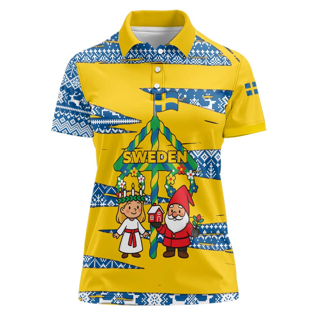 Sweden Christmas Women Polo Shirt with Santa Lucia Girl Midsummer Pole Swedish Flag and Nordic Pattern Design - Wonder Print Shop