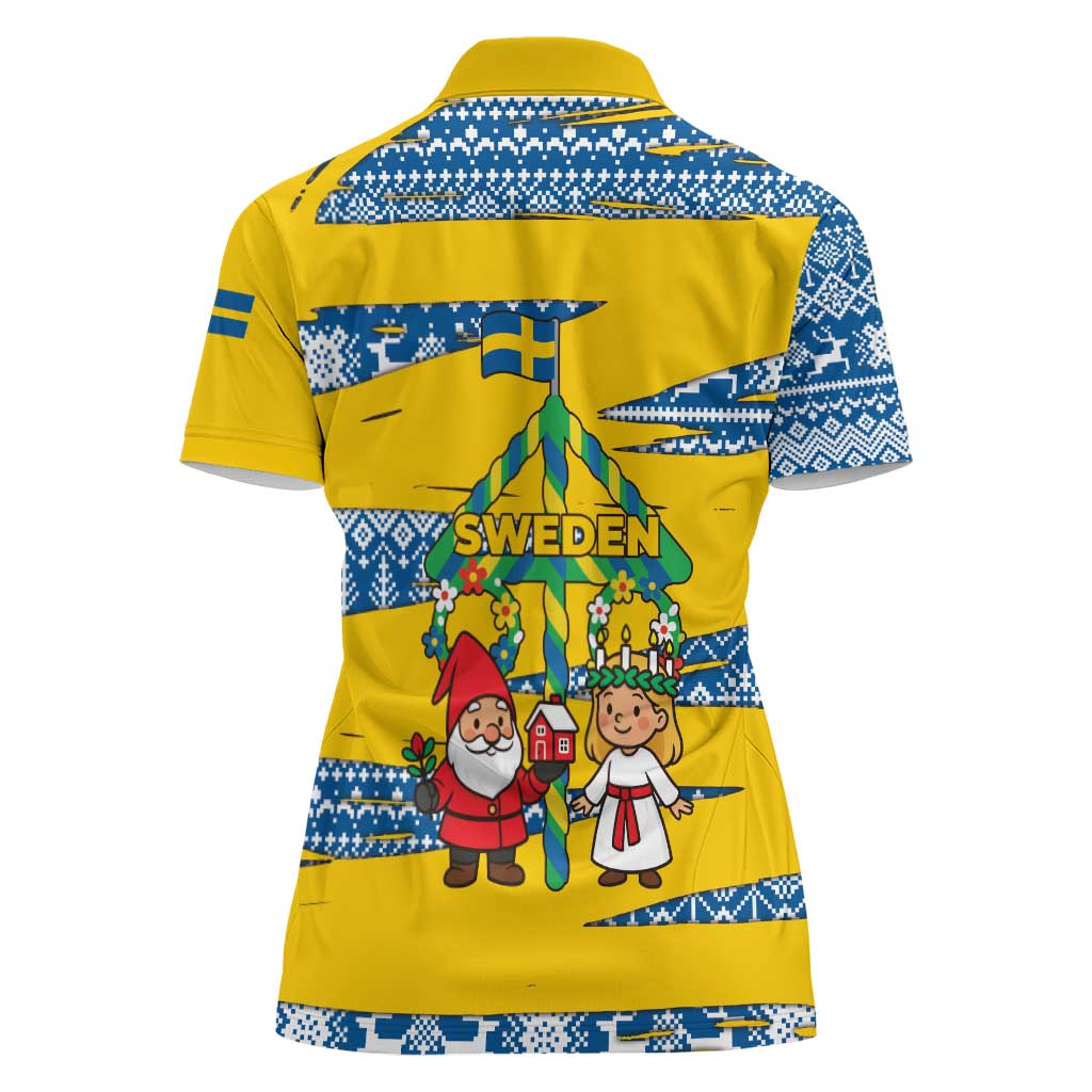 Sweden Christmas Women Polo Shirt with Santa Lucia Girl Midsummer Pole Swedish Flag and Nordic Pattern Design - Wonder Print Shop