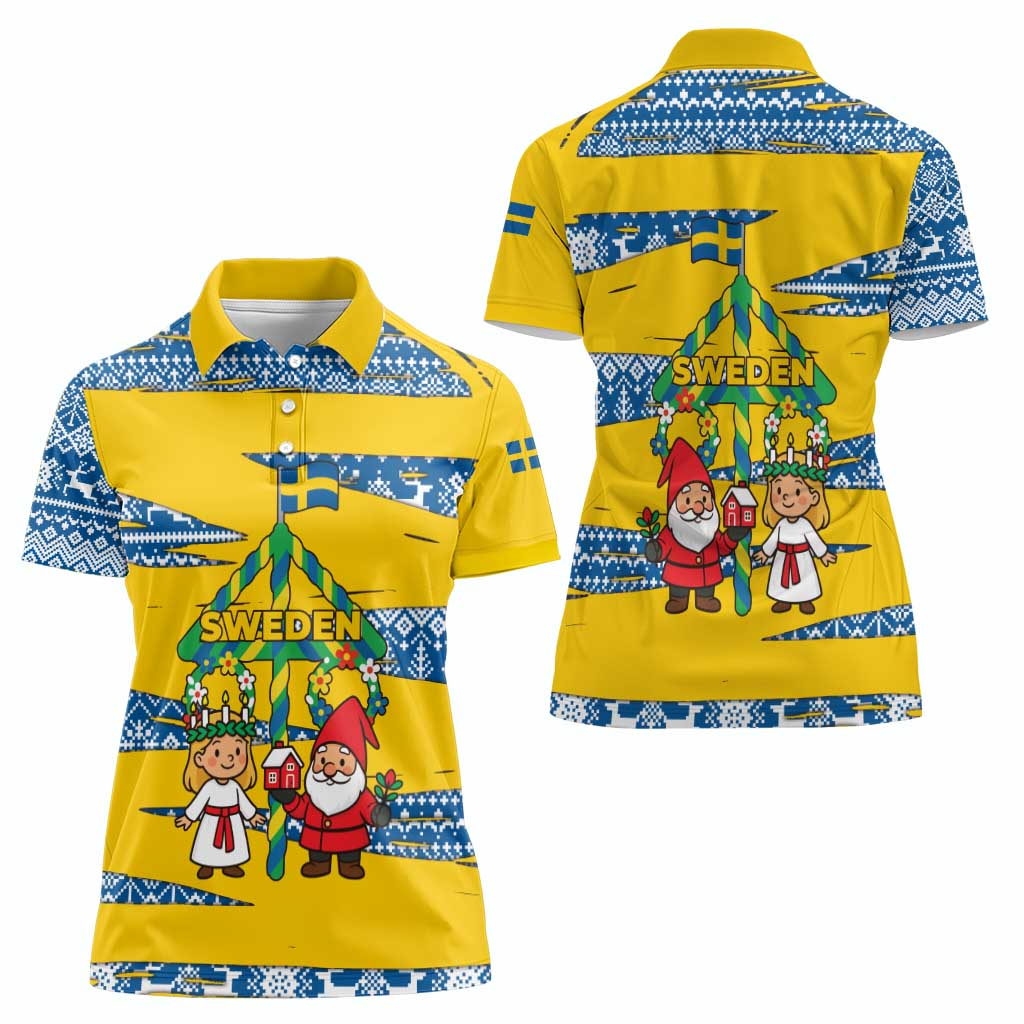 Sweden Christmas Women Polo Shirt with Santa Lucia Girl Midsummer Pole Swedish Flag and Nordic Pattern Design - Wonder Print Shop