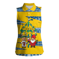 Sweden Christmas Women Sleeveless Polo Shirt with Santa Lucia Girl Midsummer Pole Swedish Flag and Nordic Pattern Design - Wonder Print Shop