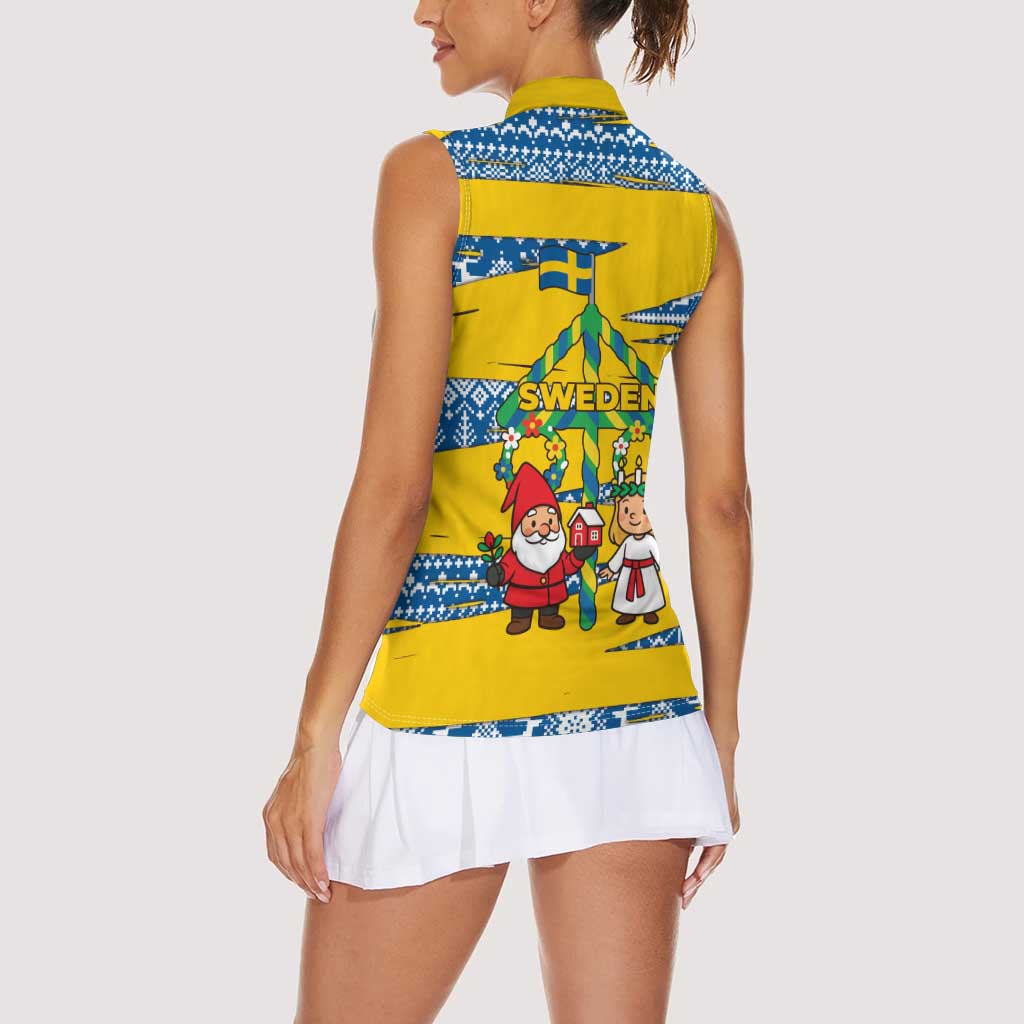 Sweden Christmas Women Sleeveless Polo Shirt with Santa Lucia Girl Midsummer Pole Swedish Flag and Nordic Pattern Design - Wonder Print Shop