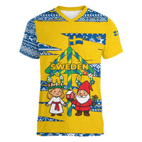 Sweden Christmas Women V-Neck T-Shirt with Santa Lucia Girl Midsummer Pole Swedish Flag and Nordic Pattern Design - Wonder Print Shop