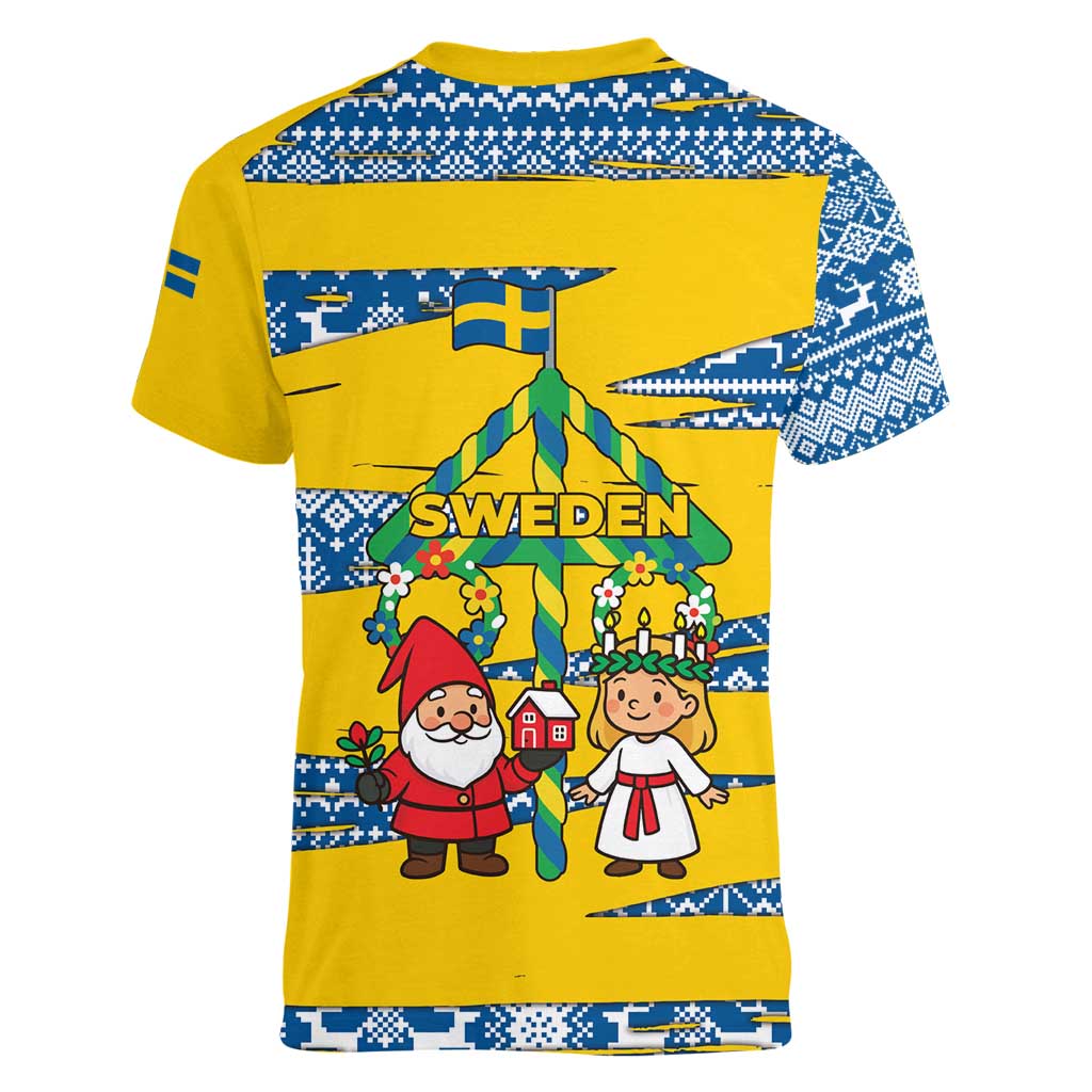 Sweden Christmas Women V-Neck T-Shirt with Santa Lucia Girl Midsummer Pole Swedish Flag and Nordic Pattern Design - Wonder Print Shop