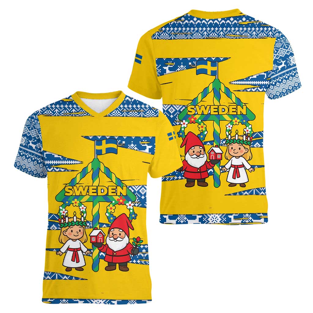 Sweden Christmas Women V-Neck T-Shirt with Santa Lucia Girl Midsummer Pole Swedish Flag and Nordic Pattern Design - Wonder Print Shop