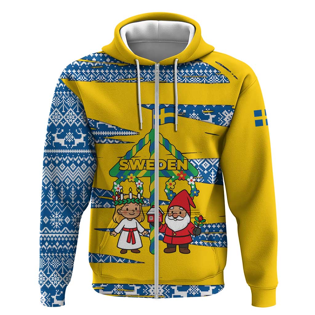 Sweden Christmas Zip Hoodie with Santa Lucia Girl Midsummer Pole Swedish Flag and Nordic Pattern Design - Wonder Print Shop