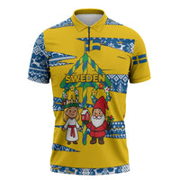 Sweden Christmas Zipper Polo Shirt with Santa Lucia Girl Midsummer Pole Swedish Flag and Nordic Pattern Design - Wonder Print Shop