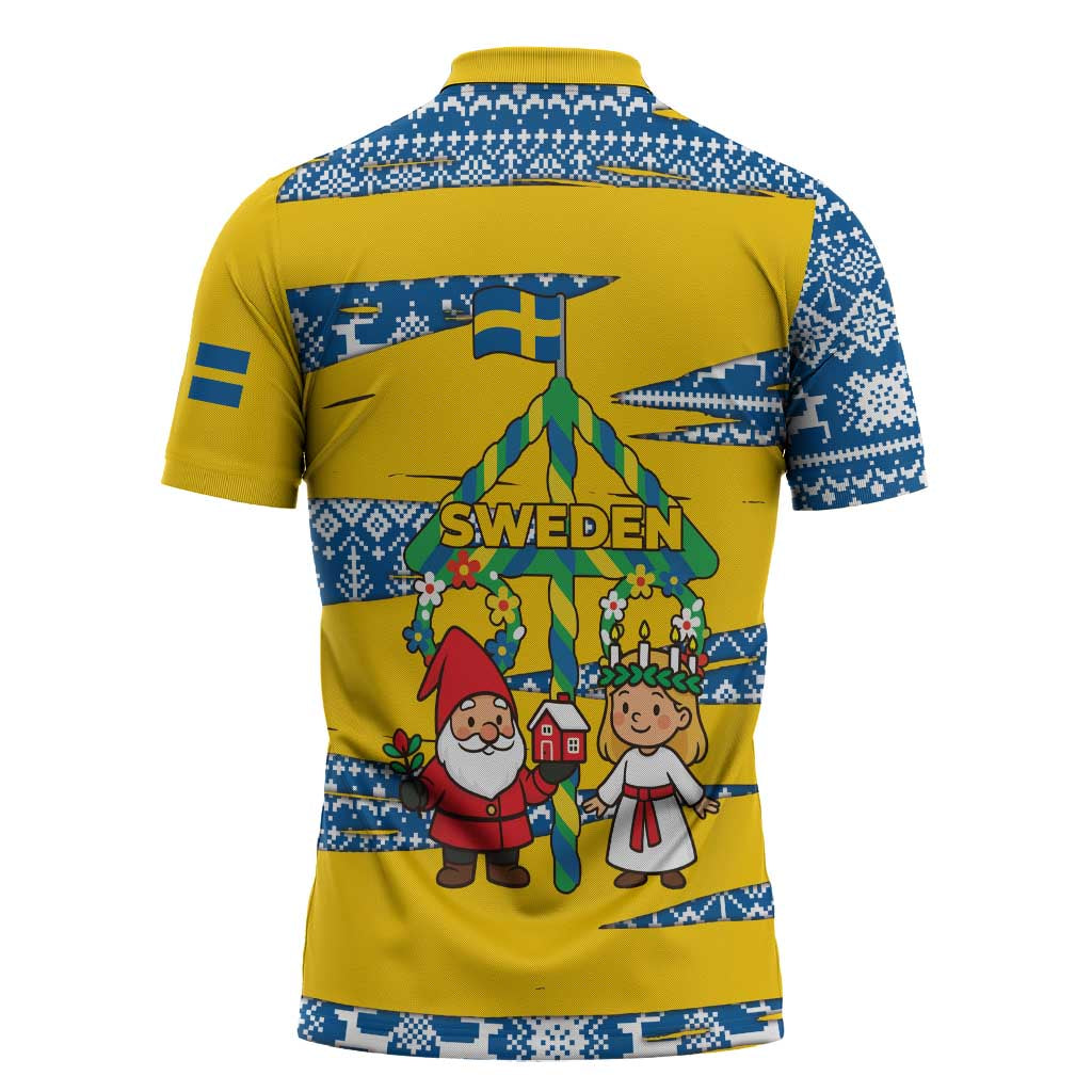 Sweden Christmas Zipper Polo Shirt with Santa Lucia Girl Midsummer Pole Swedish Flag and Nordic Pattern Design - Wonder Print Shop