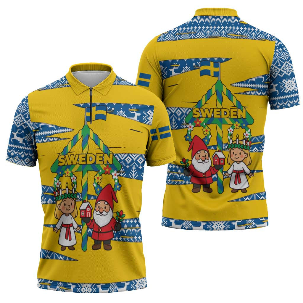 Sweden Christmas Zipper Polo Shirt with Santa Lucia Girl Midsummer Pole Swedish Flag and Nordic Pattern Design - Wonder Print Shop