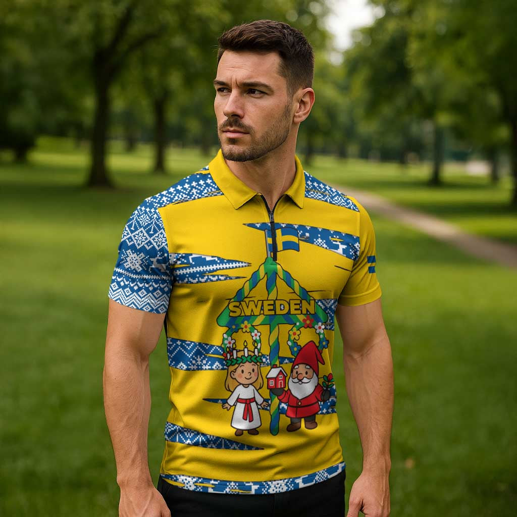 Sweden Christmas Zipper Polo Shirt with Santa Lucia Girl Midsummer Pole Swedish Flag and Nordic Pattern Design - Wonder Print Shop