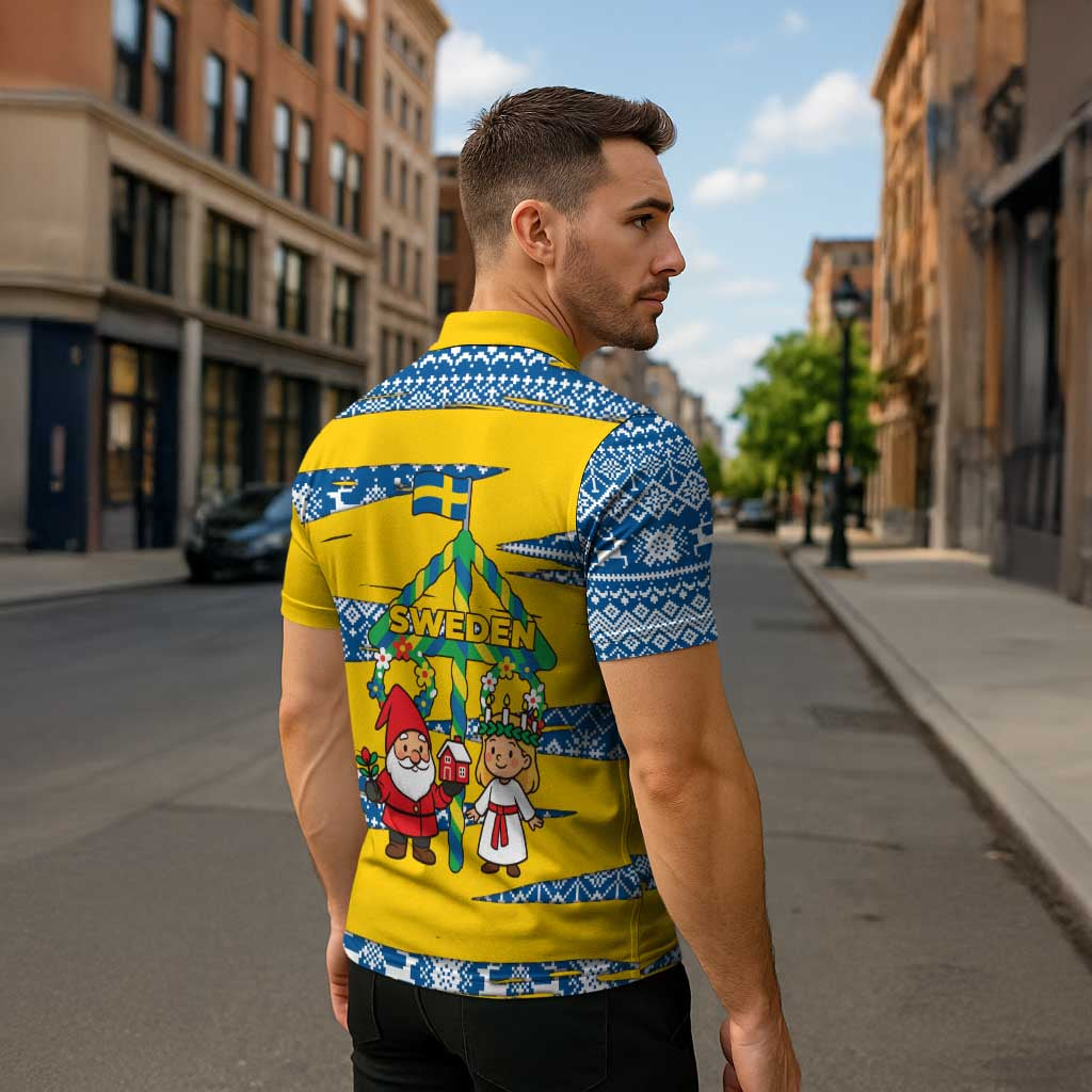 Sweden Christmas Zipper Polo Shirt with Santa Lucia Girl Midsummer Pole Swedish Flag and Nordic Pattern Design - Wonder Print Shop