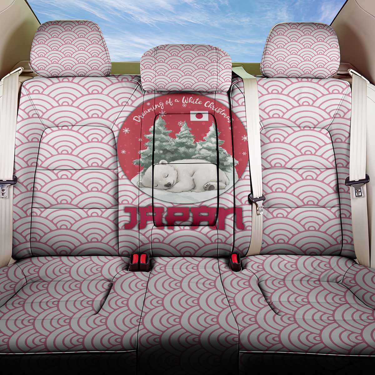 Japan Christmas Back Car Seat Cover with Sleeping Polar Bear Pine Trees and Chrysanthemum Crest Pattern - Wonder Print Shop