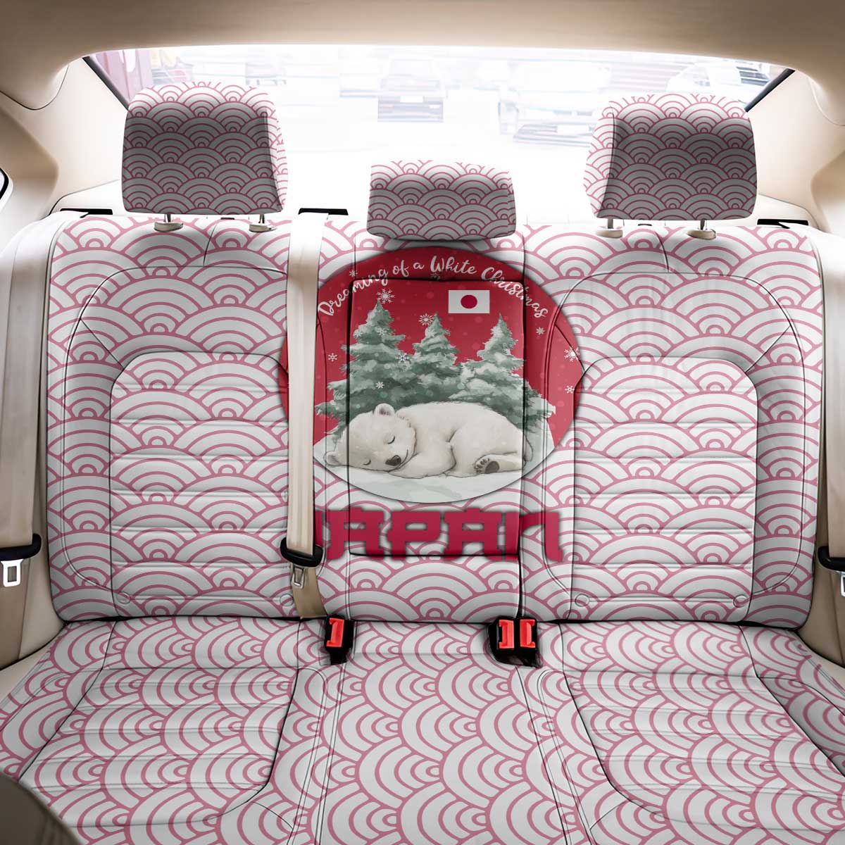 Japan Christmas Back Car Seat Cover with Sleeping Polar Bear Pine Trees and Chrysanthemum Crest Pattern - Wonder Print Shop
