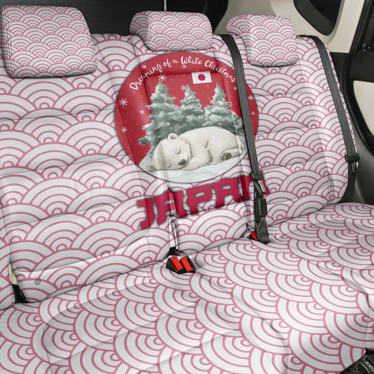 Japan Christmas Back Car Seat Cover with Sleeping Polar Bear Pine Trees and Chrysanthemum Crest Pattern - Wonder Print Shop