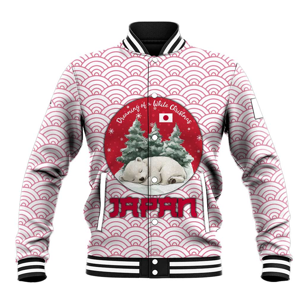 Japan Christmas Baseball Jacket with Sleeping Polar Bear Pine Trees and Chrysanthemum Crest Pattern - Wonder Print Shop