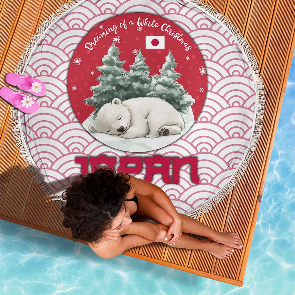 Japan Christmas Beach Blanket with Sleeping Polar Bear Pine Trees and Chrysanthemum Crest Pattern - Wonder Print Shop