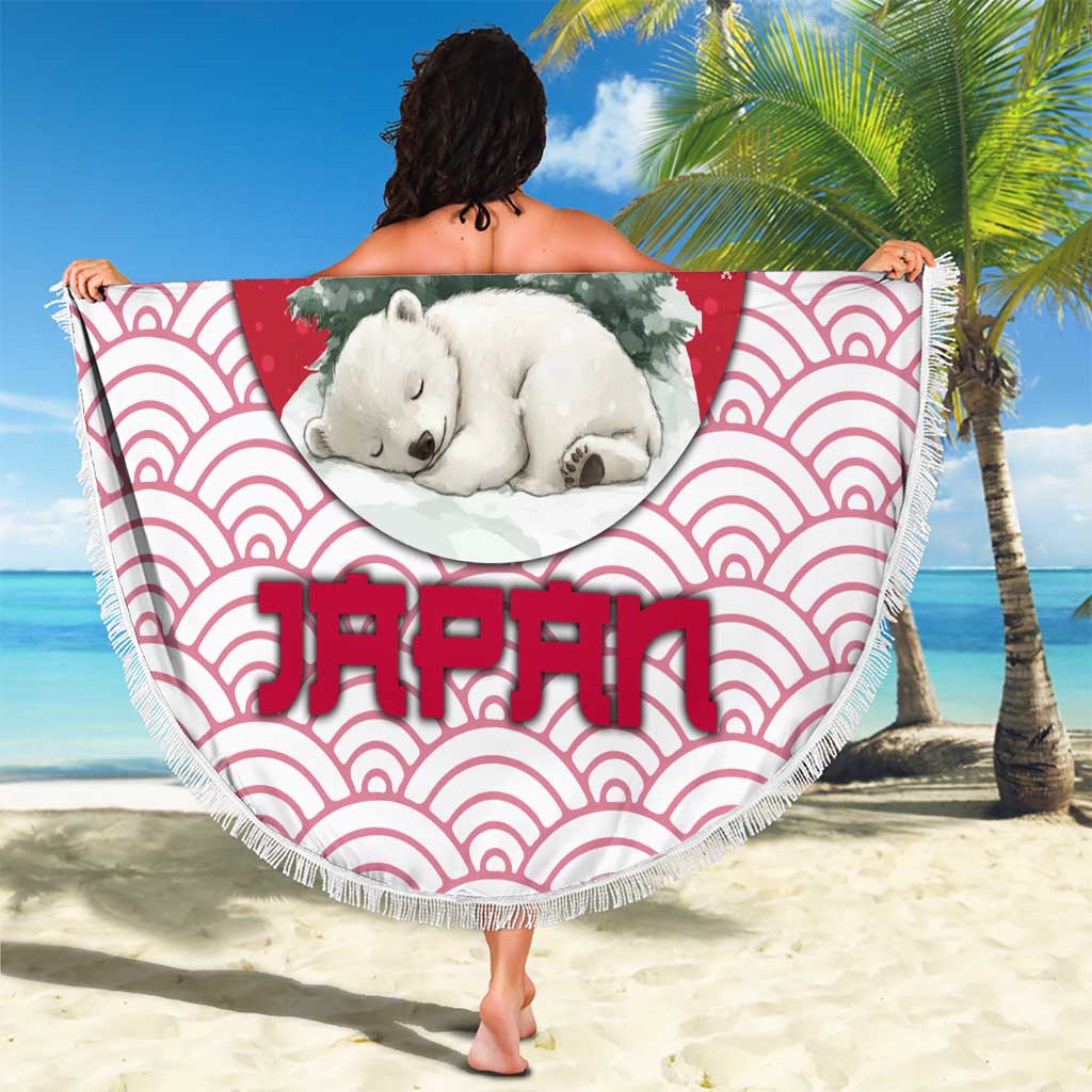 Japan Christmas Beach Blanket with Sleeping Polar Bear Pine Trees and Chrysanthemum Crest Pattern - Wonder Print Shop