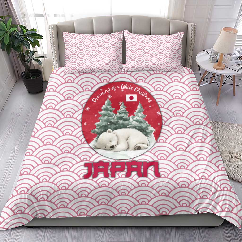 Japan Christmas Bedding Set with Sleeping Polar Bear Pine Trees and Chrysanthemum Crest Pattern - Wonder Print Shop