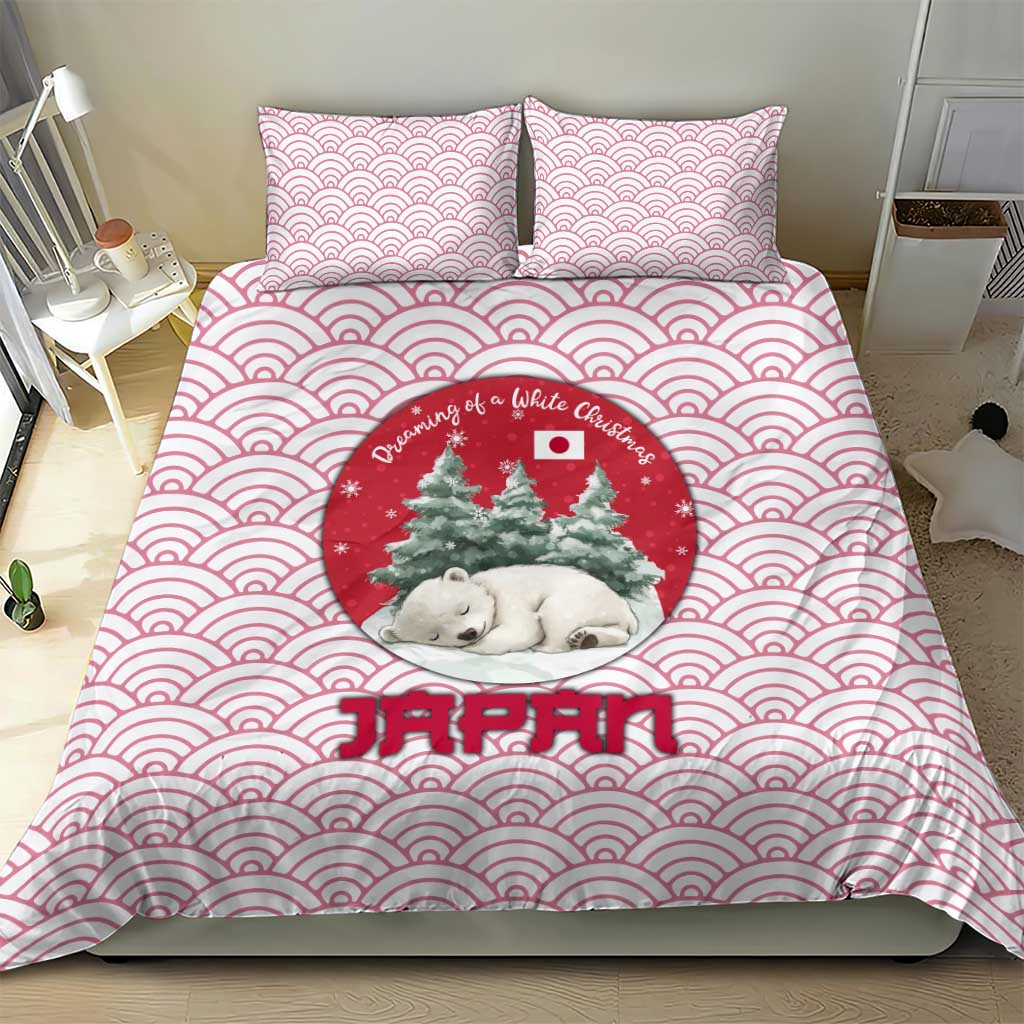 Japan Christmas Bedding Set with Sleeping Polar Bear Pine Trees and Chrysanthemum Crest Pattern - Wonder Print Shop