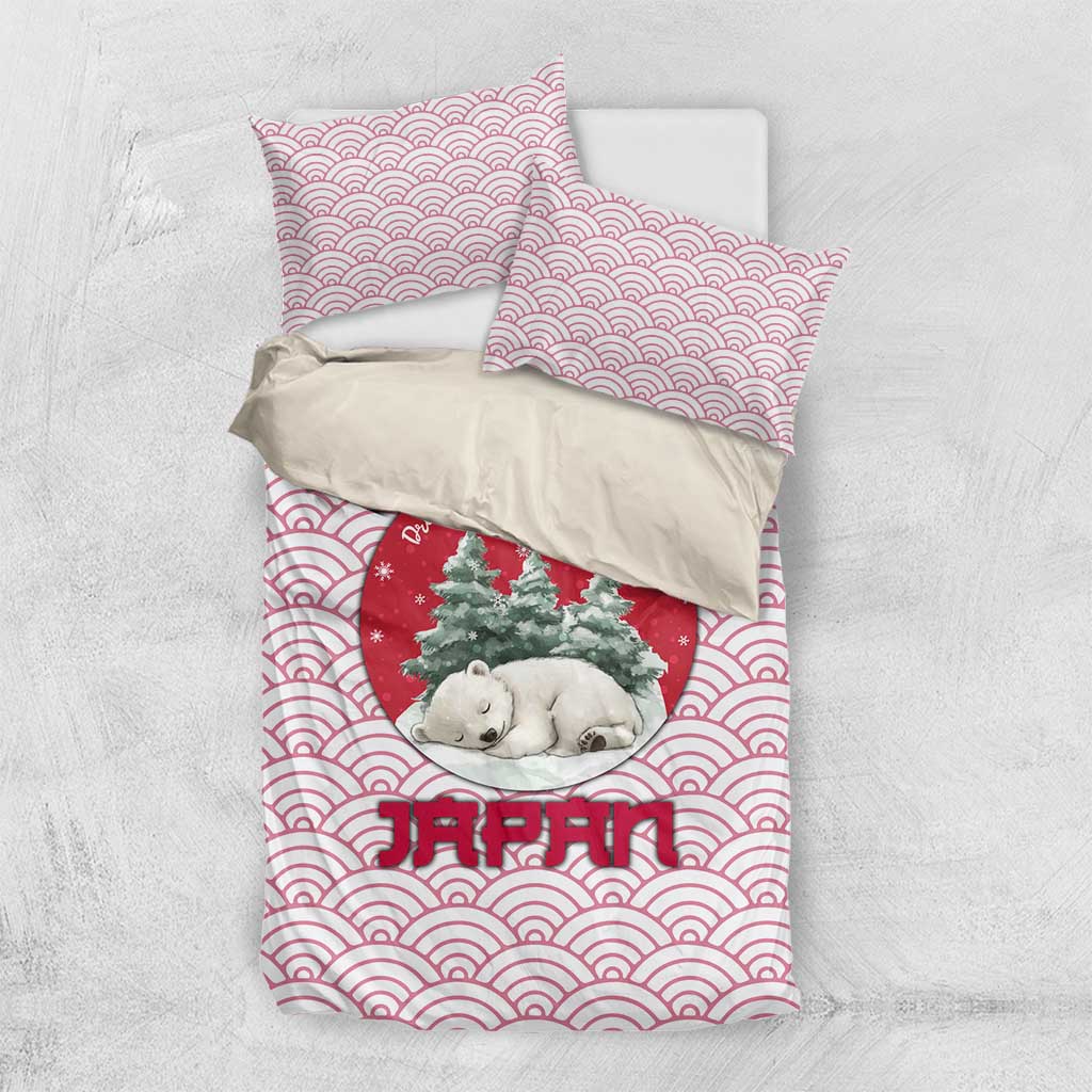 Japan Christmas Bedding Set with Sleeping Polar Bear Pine Trees and Chrysanthemum Crest Pattern - Wonder Print Shop