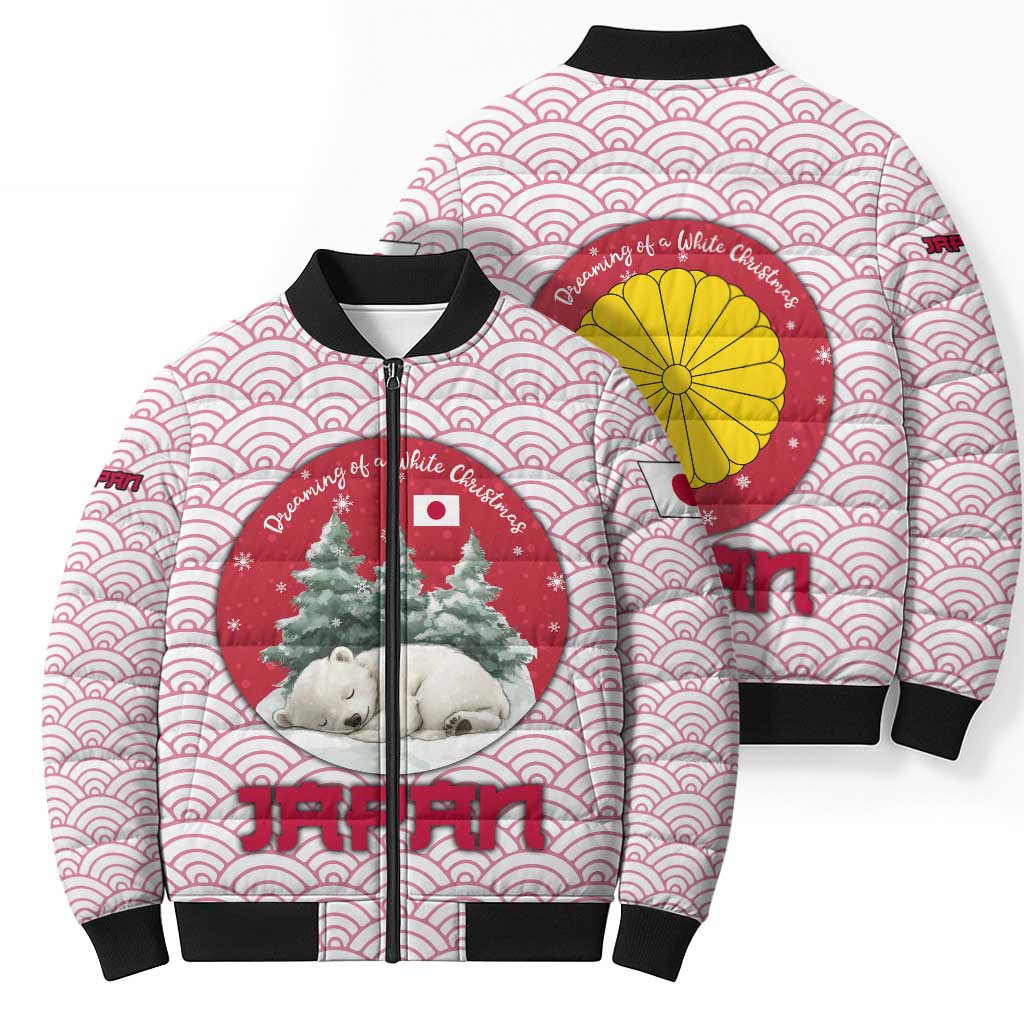Japan Christmas Bomber Puffer Jacket with Sleeping Polar Bear Pine Trees and Chrysanthemum Crest Pattern - Wonder Print Shop