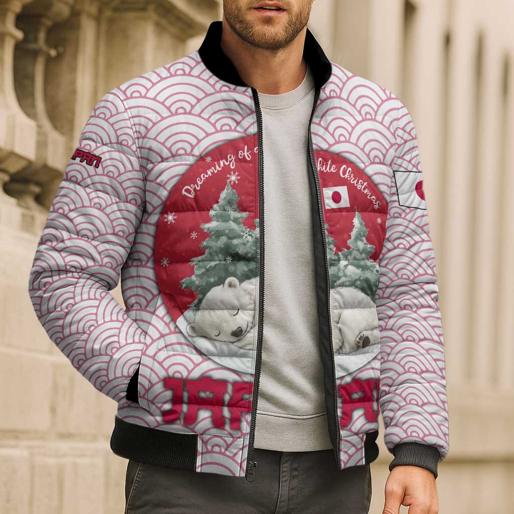 Japan Christmas Bomber Puffer Jacket with Sleeping Polar Bear Pine Trees and Chrysanthemum Crest Pattern - Wonder Print Shop