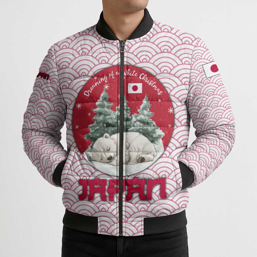 Japan Christmas Bomber Puffer Jacket with Sleeping Polar Bear Pine Trees and Chrysanthemum Crest Pattern - Wonder Print Shop
