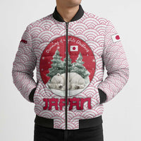 Japan Christmas Bomber Puffer Jacket with Sleeping Polar Bear Pine Trees and Chrysanthemum Crest Pattern - Wonder Print Shop