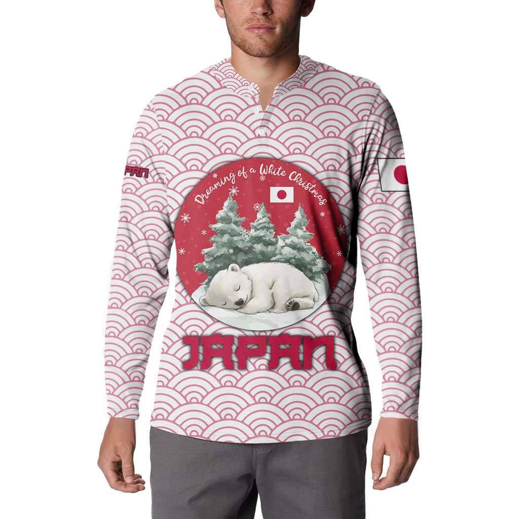Japan Christmas Button Sweatshirt with Sleeping Polar Bear Pine Trees and Chrysanthemum Crest Pattern - Wonder Print Shop